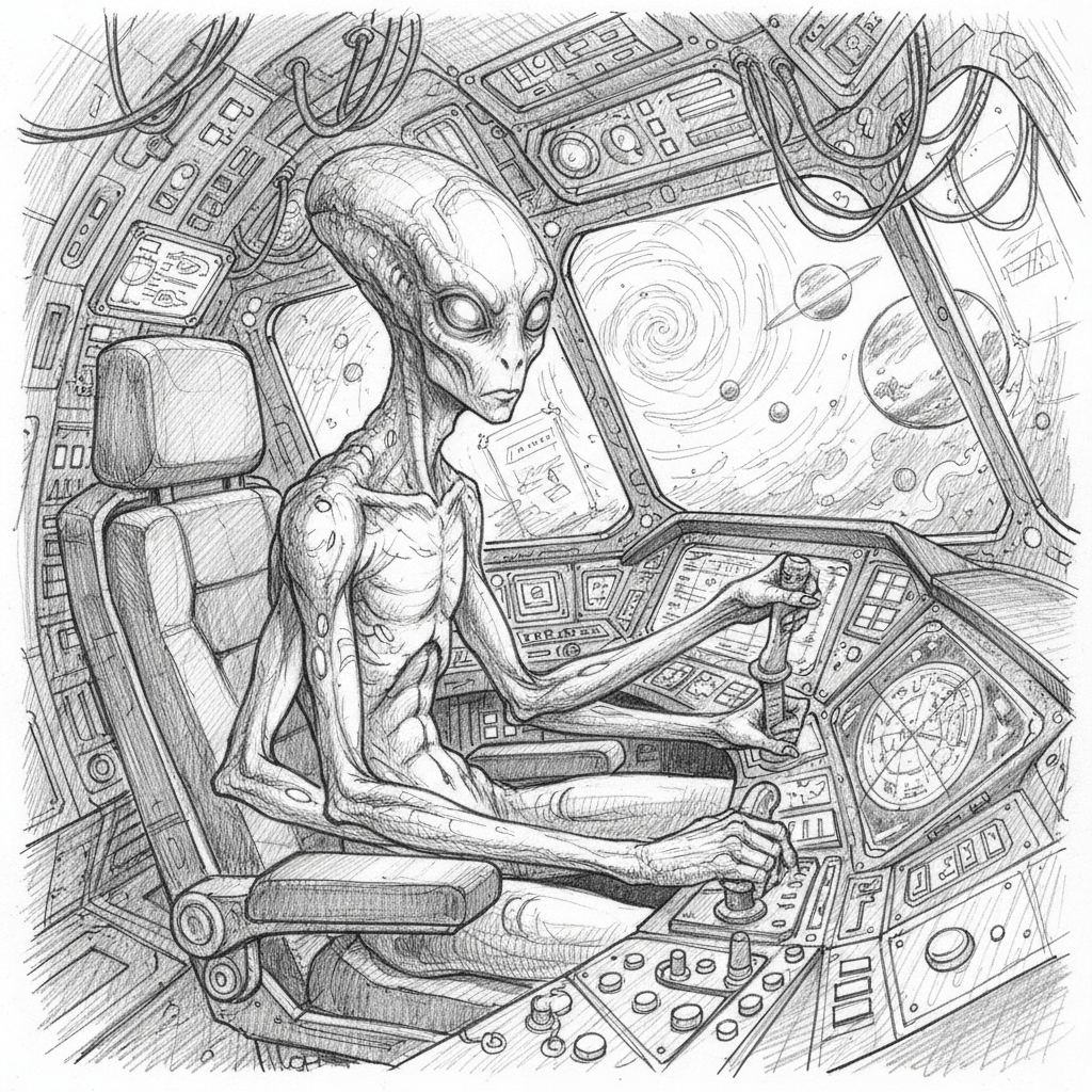 Four Armed Alien Piloting Spaceship - hard sketch drawing idea for fantasy