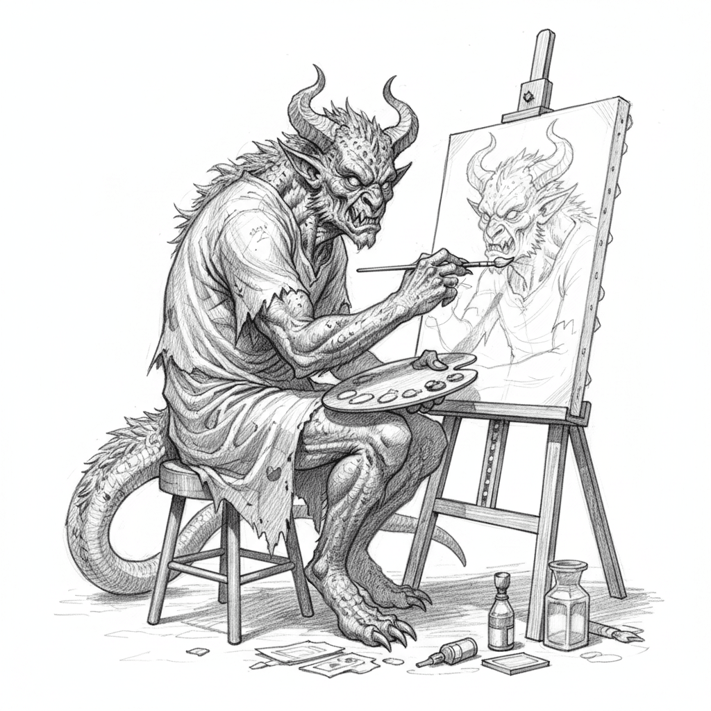 Monster Painting A Self Portrait - hard sketch drawing idea for fantasy