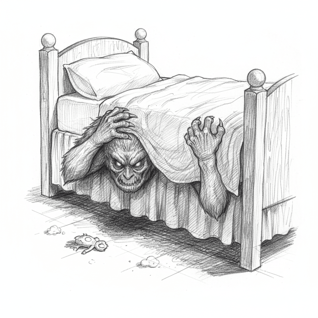 Monster Peeking From Under Bed - hard sketch drawing idea for fantasy