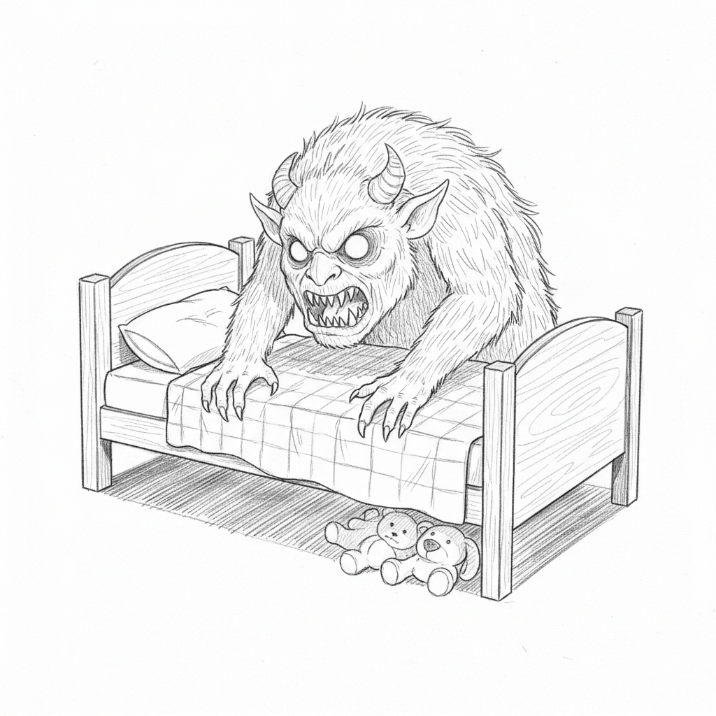 Monster Peeking From Under Bed - medium sketch drawing idea for fantasy