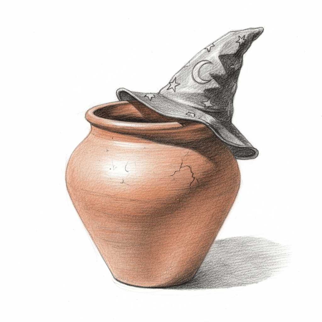 Pot Wearing A Tiny Wizard Hat - hard sketch drawing idea for fantasy