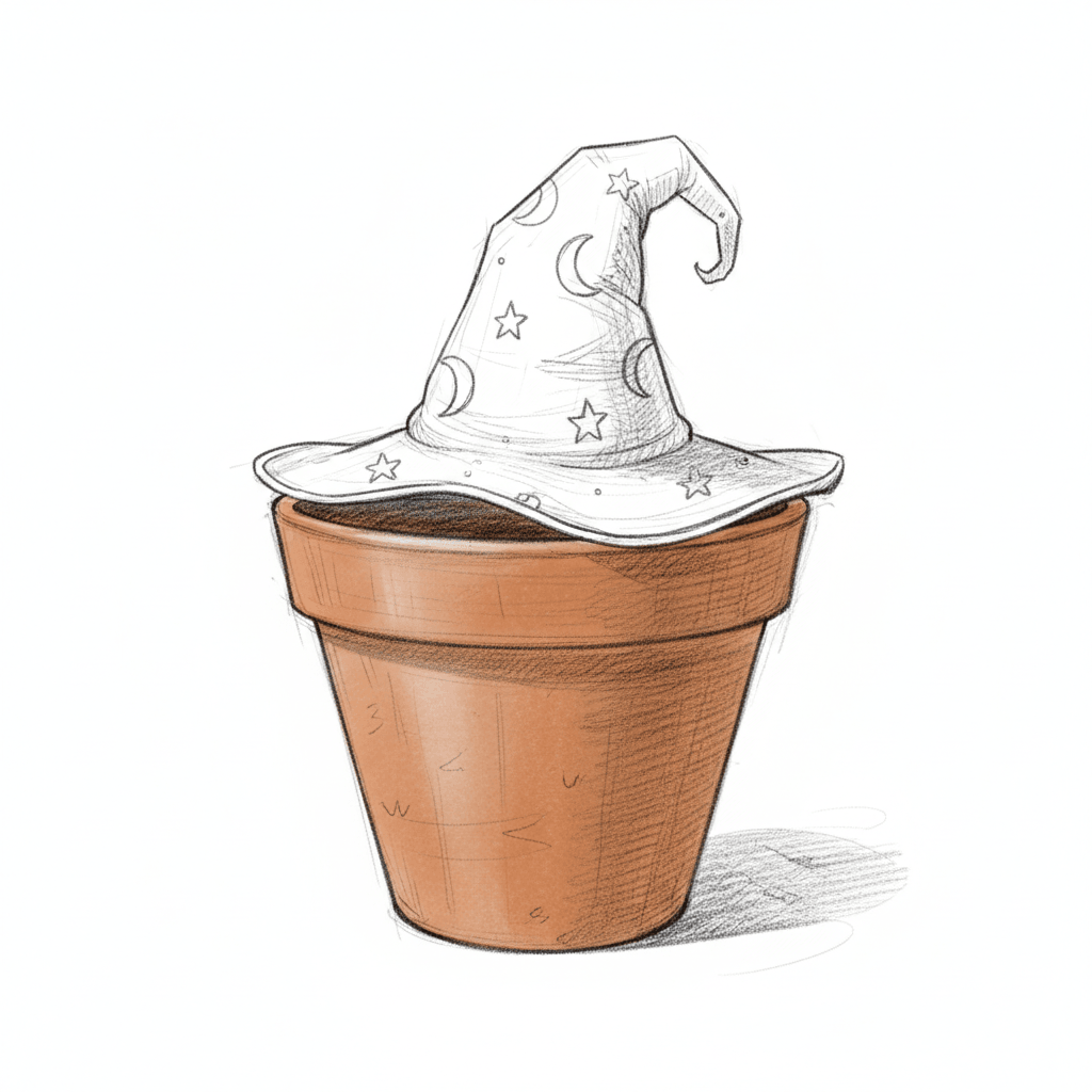 Pot Wearing A Tiny Wizard Hat - medium sketch drawing idea for fantasy