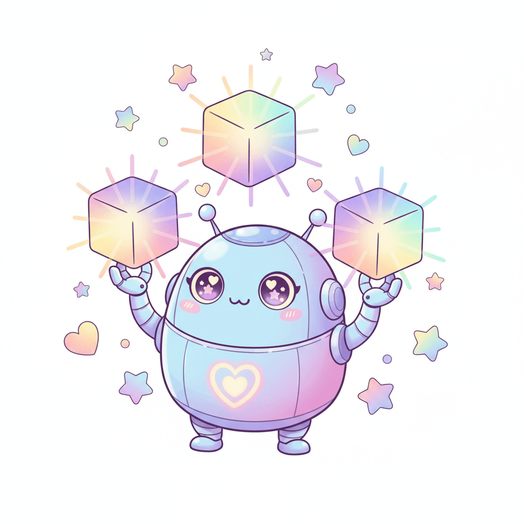 Robot Juggling Glowing Cubes - hard cartoon drawing idea for fantasy