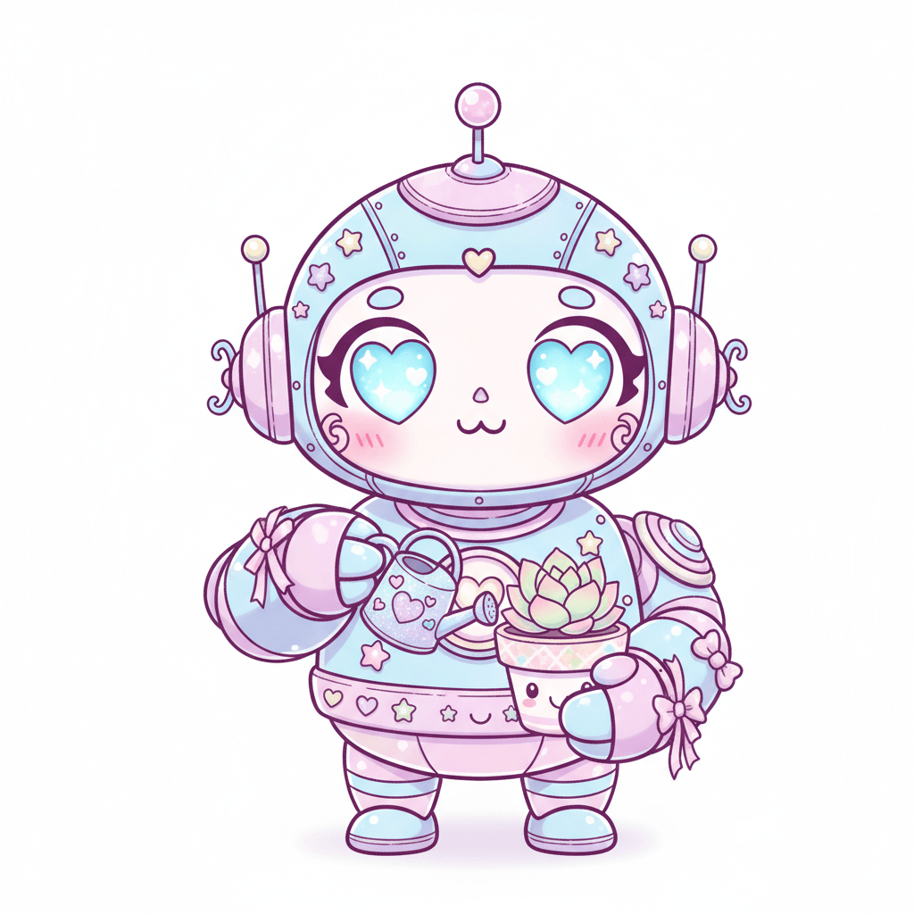 Robot Tending Tiny Plant - hard cartoon drawing idea for fantasy