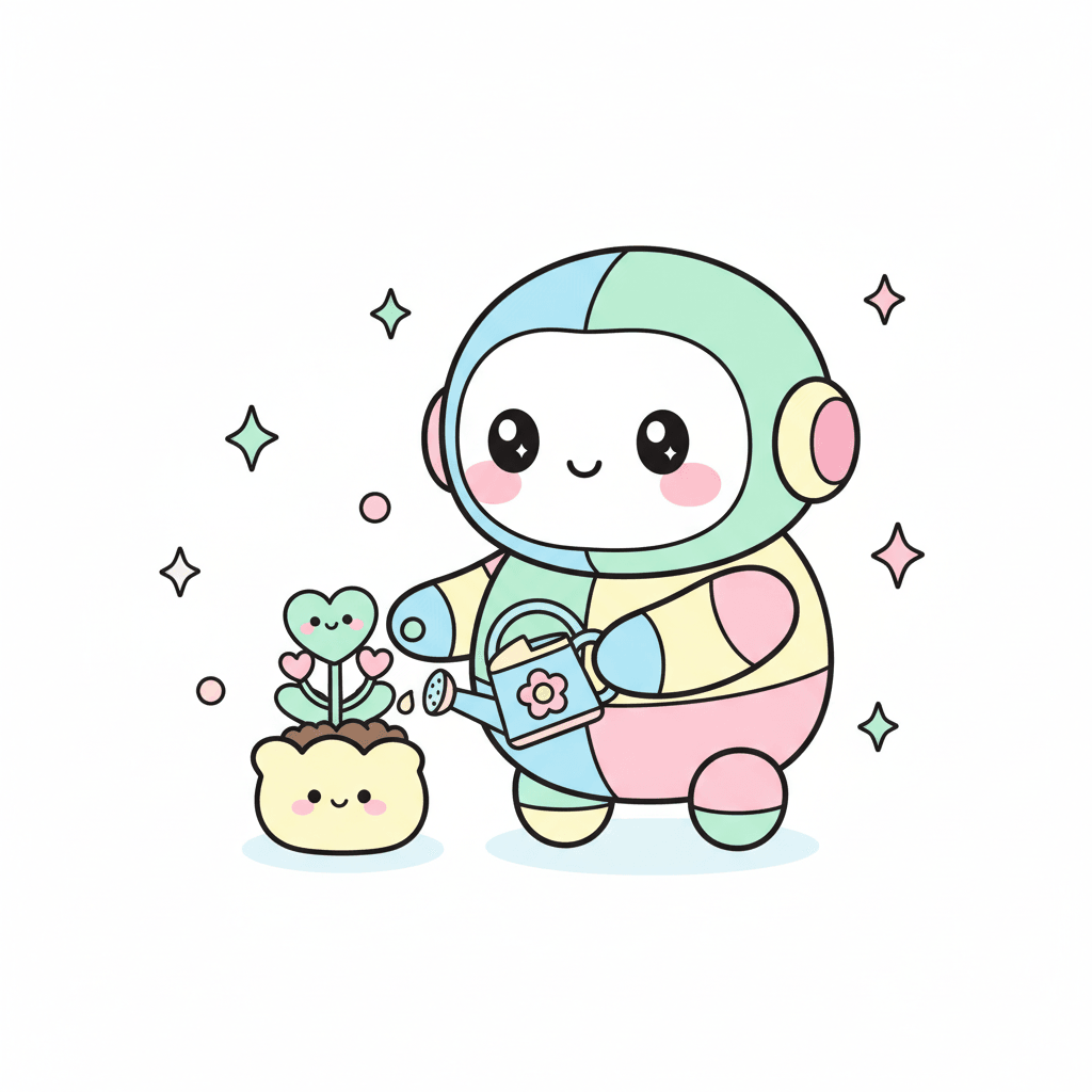 Robot Tending Tiny Plant - medium cartoon drawing idea for fantasy