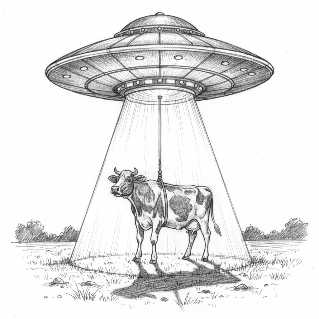 Ufo Abducting A Cow - hard sketch drawing idea for fantasy