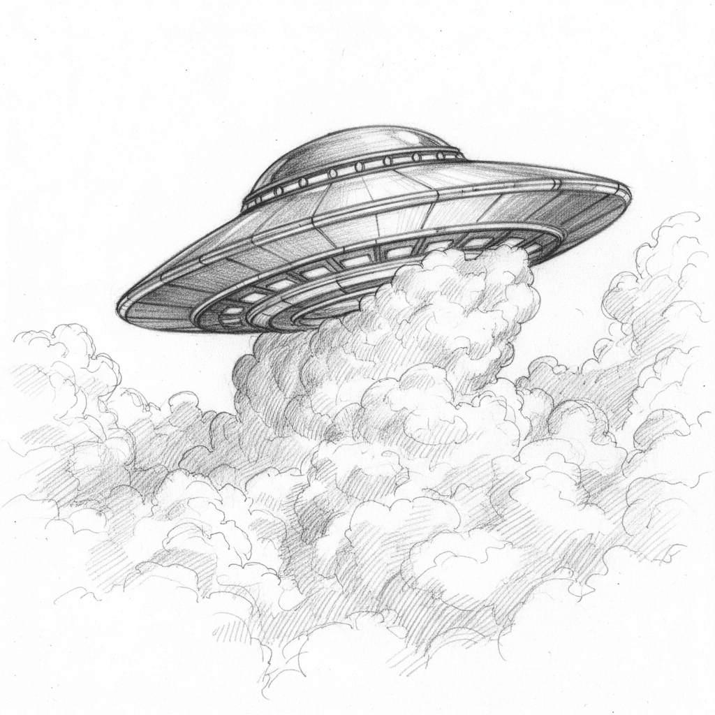Ufo Peeking From Clouds - hard sketch drawing idea for fantasy
