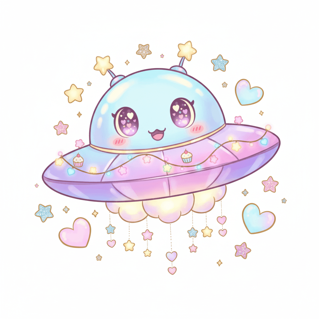Ufo With Whimsical Party Lights - hard cartoon drawing idea for fantasy