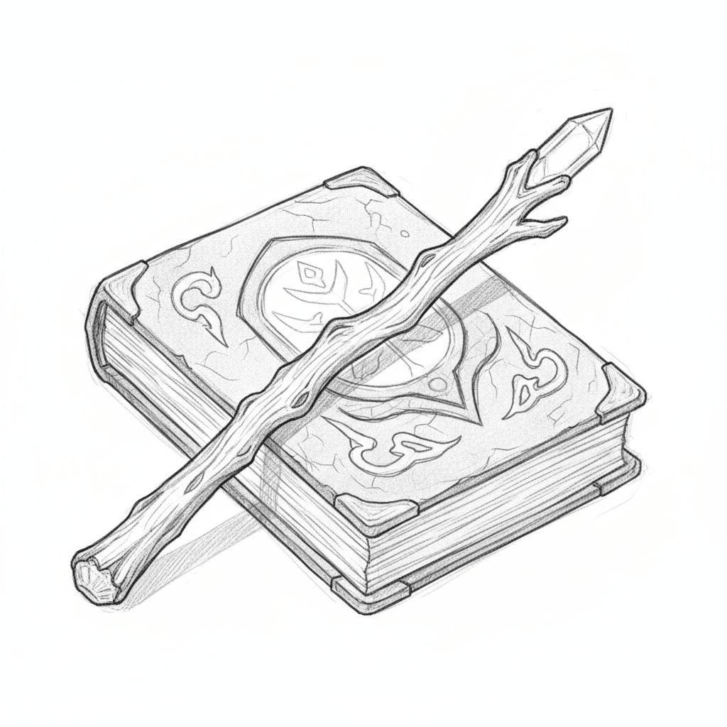 Wand Resting On Ancient Spellbook - medium sketch drawing idea for fantasy