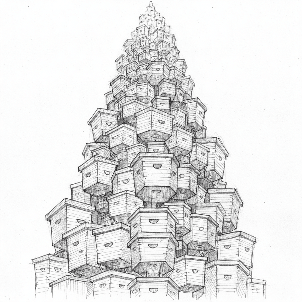 Beehives Stacked Like Skyscraper - medium sketch drawing idea for nature